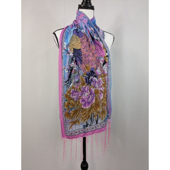 Vtg 90s Y2K Peacock Print Burnout Fringe Scarf Shawl Maximalist Oriental A076 - Picture 2 of 9
